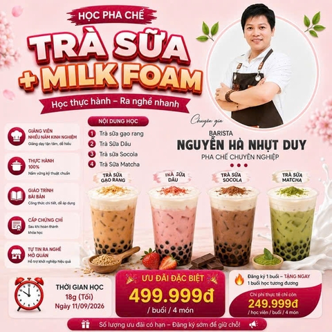 Workshop Học Làm Trà Sữa + Milk Foam: Trà sữa gạo rang, Trà Sữa Dâu, Trà sữa Socola, Trà Sữa Matcha PVN696