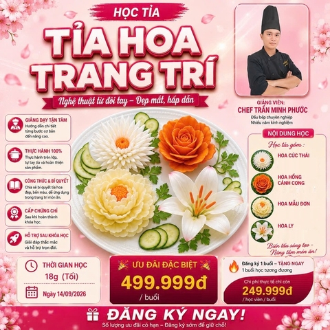 Workshop Học Tỉa Hoa Trang Trí Dĩa Kiểu Hoa Cúc Thái, Hoa Hồng Cánh Cong, Hoa Mẫu Đơn, Hoa Ly PVN1018