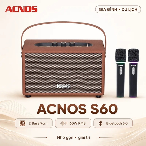 Loa Xách Tay Acnos S60 (New 2026, 240W, Bluetooth 5.0, Kèm 2 Tay Micro)