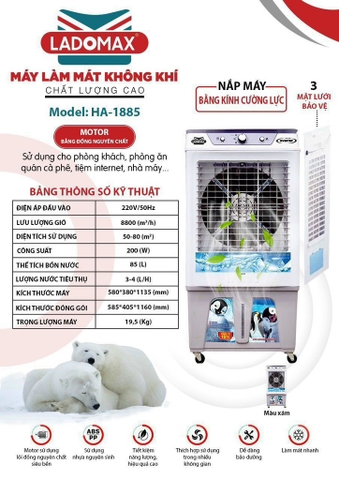 Máy làm mát không khí Ladomax HA-188, dung tích 85 lít, công suất lớn