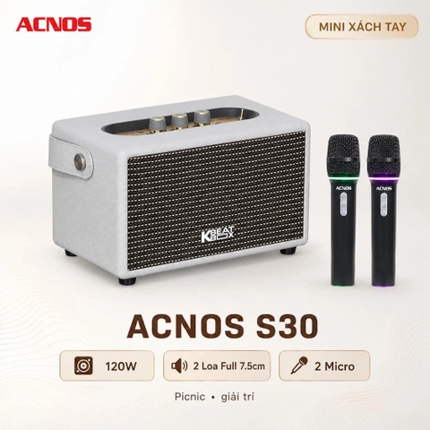 Loa Xách Tay Acnos S30 (New 2026, 120W, Bluetooth 5.0, Kèm 2 Tay Micro)