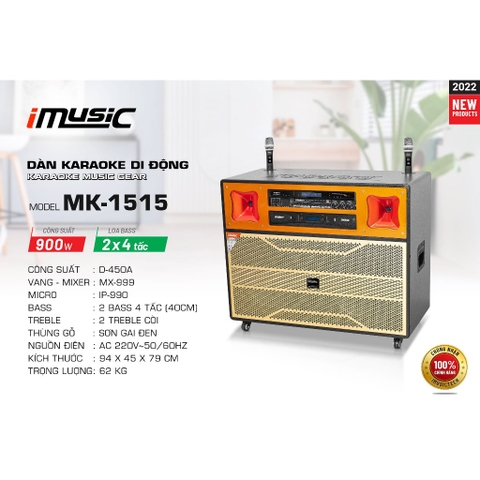 Loa kéo điện 4 tấc đôi  iMusic MK-1515 công suất 900W. Hàng chính hãng Việt Nam sản xuất.