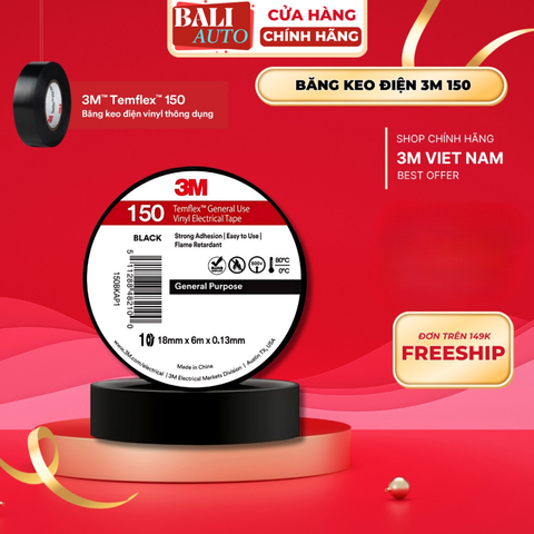 [Chính hãng] Băng Keo Điện Vinyl PVC 3M™ Temflex™ 150, Màu Đen, 18 mm x 20 m