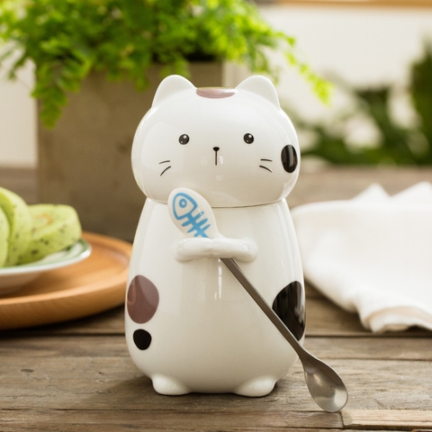 Cốc hình mèo dễ thương kèm thìa có nắp đậy 400ml