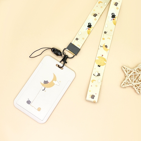 Dây đeo thẻ có nắp trượt hình mèo nhỏ, dây họa tiết đen vàng