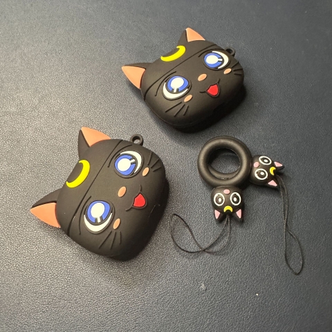 Case tai nghe Airpods bằng silicon hình mèo màu đen trăng lưỡi liềm