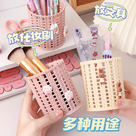 Giỏ đựng bút đính charm chân mèo và nơ