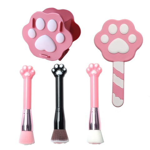 Set 5 món hình chân mèo (gương, cọ trang điểm, hộp đựng)