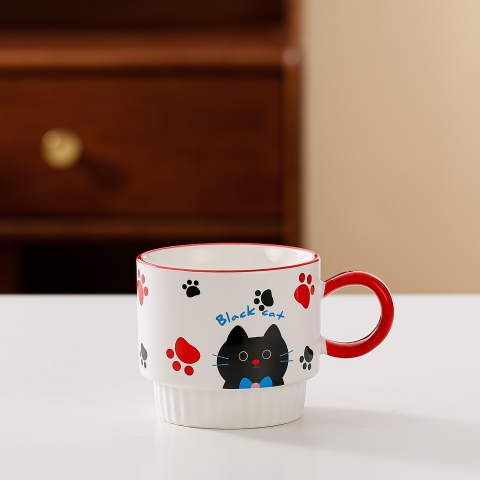 Cốc sứ mèo đen đỏ trắng 380ml