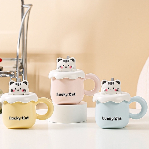 Cốc Ly Sứ Hình Mèo Độc Lạ Dung Tích 400ml Có Tay Cầm Và Nắp Đậy  Kèm Thìa Muỗng - Quà Tặng Bạn Bè Người Thân