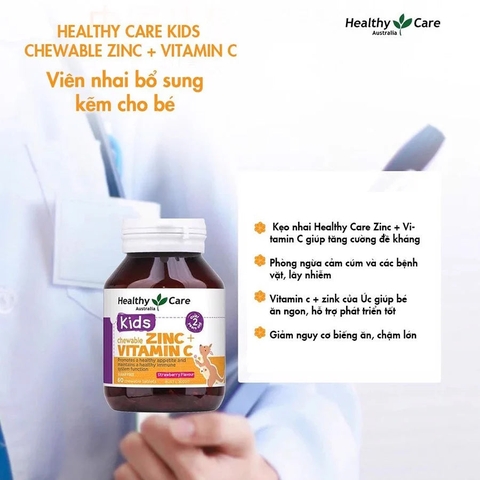 Kẹo Nhai Healthy Care Bổ Sung Kẽm + VItamin C 60 Viên (Từ 2-12 Tuổi)- Hàng xách tay