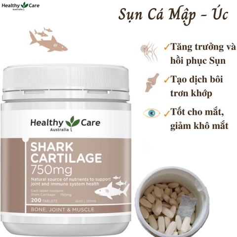 Viên Uống Sụn Vi Cá Mập Giúp Hỗ Trợ Sức Khỏe Xương Khớp Healthy Care Shark Cartilage 750mg 200 Viên