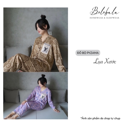 SP_40 Đồ bộ pijama BOLOBALA tay dài quần dài mặc nhà chất lụa xước hoạ tiết L.V sang chảnh