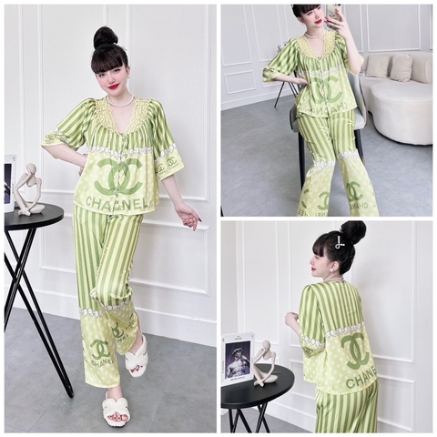 SP_63 Đồ bộ pijama BOLOBALA lụa latin tay ngắn bèo cột nơ quần dài phối ren viền cổ áo tạo điểm nhấn