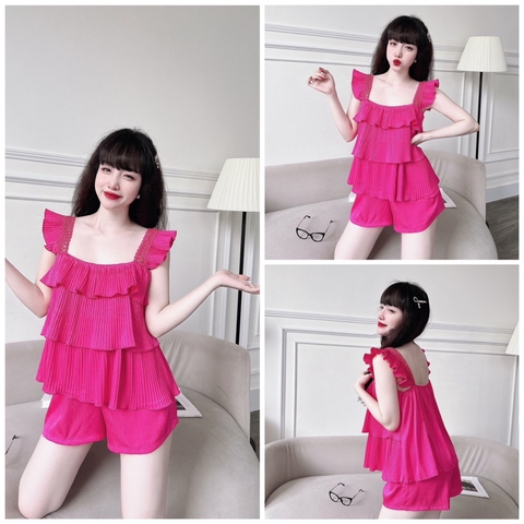 SP_81 Đồ bộ BOLOBALA áo xếp ly tầng, quần đùi lụa xước, dây bảng cánh tiên mặc nhà siêu xinh