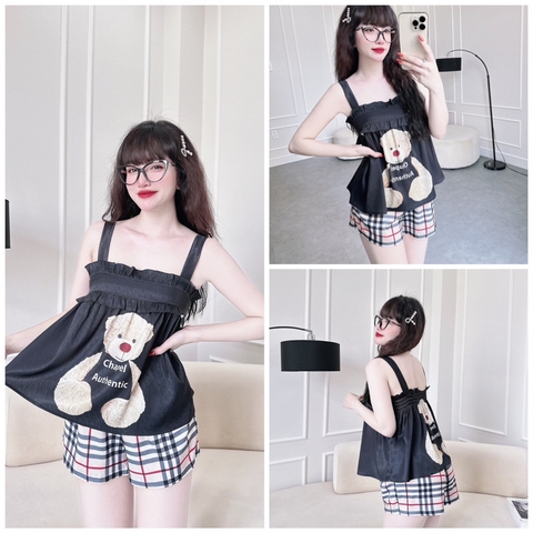 SP_82 Đồ bộ áo dây bảng, quần đùi lụa xước, hoạ tiết 3D cực nét, có bo thun phía sau áo