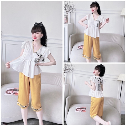 SP_109 Đồ bộ pijama BOLOBALA mặc nhà quần lửng áo tay cánh tiên đính ngọc chất lụa latin đẹp lung linh