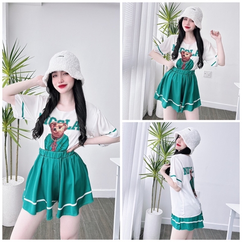 SP_27 Đồ bộ set quần giả váy áo cổ tròn, chất lụa latin trẻ trung, xịn xò