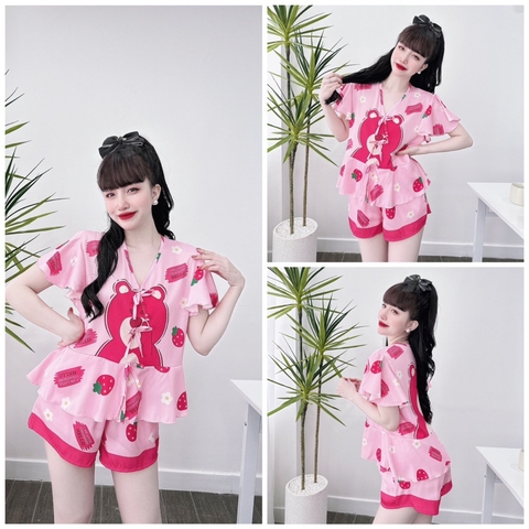 SP_111 Đồ bộ pijama BOLOBALA mặc nhà quần đùi áo tay cánh tiên dạng peplum chất lụa xước siêu xịn đẹp