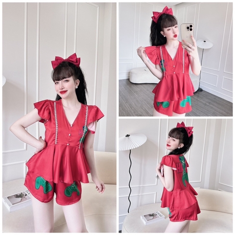 SP_112 Đồ bộ pijama BOLOBALA mặc nhà quần đùi áo tay cánh tiên đính ngọc trơn màu chất lụa latin cực mịn