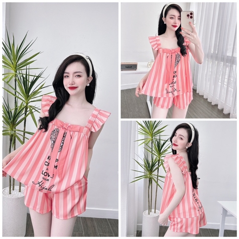 SP_115 Đồ bộ pijama BOLOBALA mặc nhà quần đùi áo dây bảng cánh tiên cổ vuông đính nơ chất lụa latin mẫu mới nhất