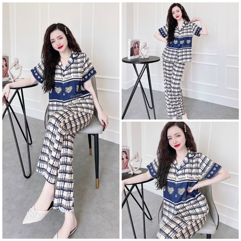 SP_123 [Size XL] Đồ bộ pijama BOLOBALA mặc nhà quần dài áo tay ngắn chất lụa xước hoạ tiết xinh, hoạ tiết cute