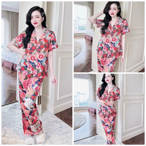 SP_75 [Size XL] Đồ bộ pijama BOLOBALA mặc nhà quần dài áo tay ngắn hoa nhí chất lụa latin xịn, hoạ tiết nhí sang trọng