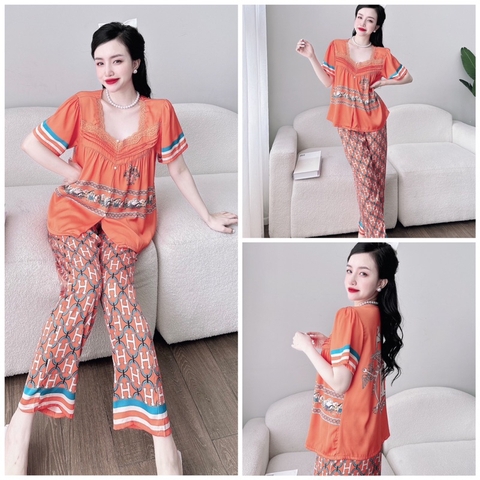 SP_91 Đồ bộ pijama BOLOBALA mặc nhà quần dài áo tay ngắn cổ phối ren xịn chất lụa latin hoạ tiết lập thể siêu sang