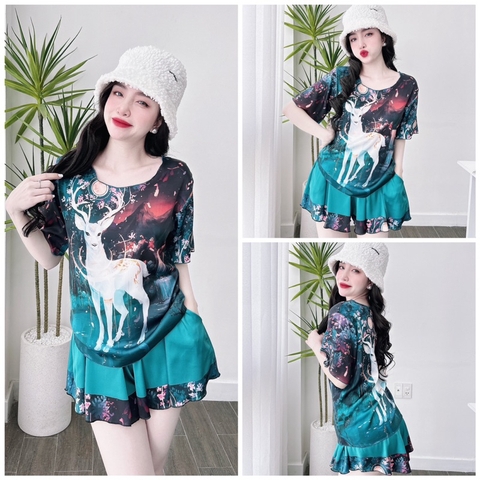 SP_100 Đồ bộ pijama BOLOBALA mặc nhà quần giả váy áo tay ngắn cổ tròn chất lụa latin mẫu mới