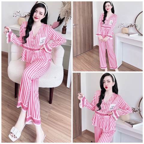 SP_127 Đồ bộ pijama BOLOBALA mặc nhà quần dài áo tay cánh tiên đính 3 nơ chất lụa latin hoạ tiết mới