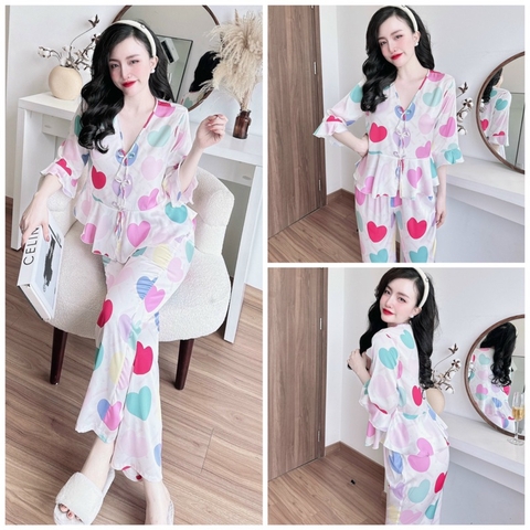 SP_152 Đồ bộ pijama BOLOBALA mặc nhà quần dài áo tay lỡ chất lụa latin đính 3 nơ, siêu dễ thương