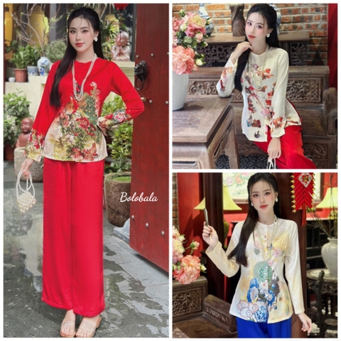 Bộ áo bà ba gấm lụa truyền thống, sang trọng tay dài BOLOBALA hoạ tiết Xuân Giáp Thìn 2024 màu sắc rực rỡ SP_176