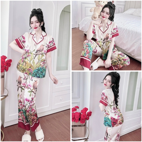 SP_193 Đồ bộ pijama BOLOBALA nữ mặc nhà quần dài áo tay ngắn phom truyền thống chất lụa latin in chân hoa siêu đẹp