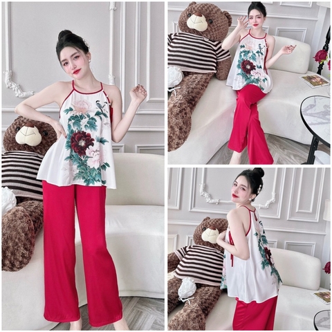 SP_195 Đồ bộ pijama BOLOBALA nữ mặc nhà quần dài áo yếm đính nút ngọc chất lụa latin hoạ tiết hè sặc sỡ nổi bật