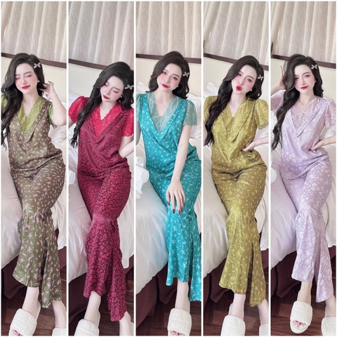 SP_197 Đồ bộ pijama BOLOBALA nữ mặc nhà quần dài áo tay ngắn phối ren cao cấp hàng chất lụa gấm hoạ tiết hoa nhí nổi