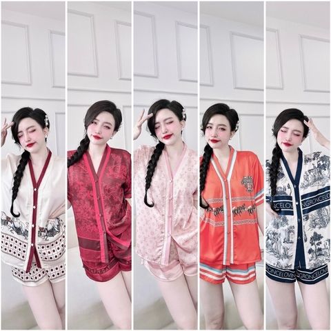 SP_198 [size XL] Đồ bộ pijama BOLOBALA nữ mặc nhà quần đùi áo tay ngắn chất lụa latin nút bọc cổ Y hiện đại