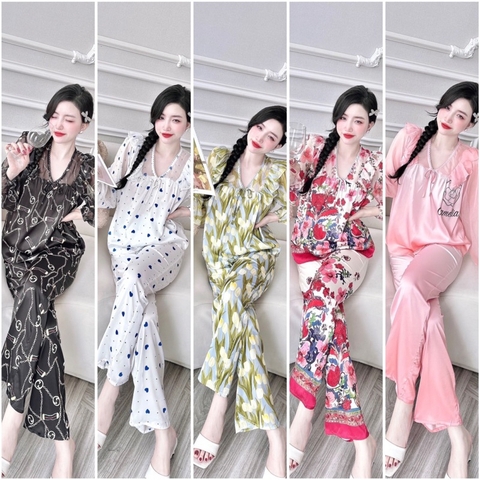 SP_199 Đồ bộ pijama BOLOBALA nữ mặc nhà quần dài áo tay dài chất lụa latin phối tơ cổ V tiểu thư rất dễ thương
