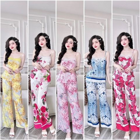 SP_200 Đồ bộ pijama BOLOBALA nữ mặc nhà quần dài áo dây phối ren thắt nơ eo tạo điểm nhấn chất lụa latin mẫu mới