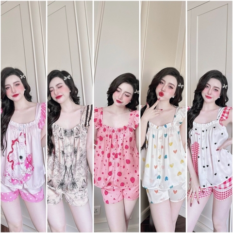 SP_156 Đồ bộ pijama BOLOBALA mặc nhà quần đùi áo dây bảng to chất lụa latin hoạ tiết dễ thương