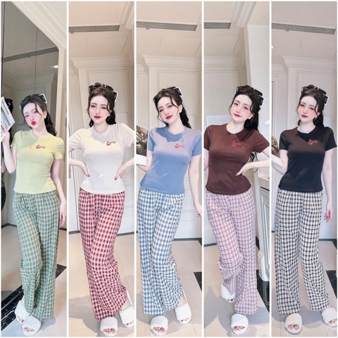 SP_202 Đồ bộ pijama BOLOBALA nữ mặc nhà quần dài caro áo tay ngắn thun tăm thêu Lady tạo điểm nhấn nổi bật