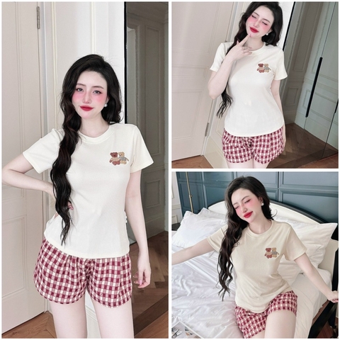 SP_208 Đồ bộ pijama BOLOBALA nữ mặc nhà quần đùi caro bố áo tay ngắn chất thun tăm xịn đẹp