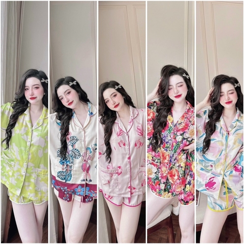 SP_209 Đồ bộ pijama BOLOBALA nữ mặc nhà quần đùi áo cánh dơi tay ngắn Lady chất lụa latin cao cấp, nút ngọc có 2 túi