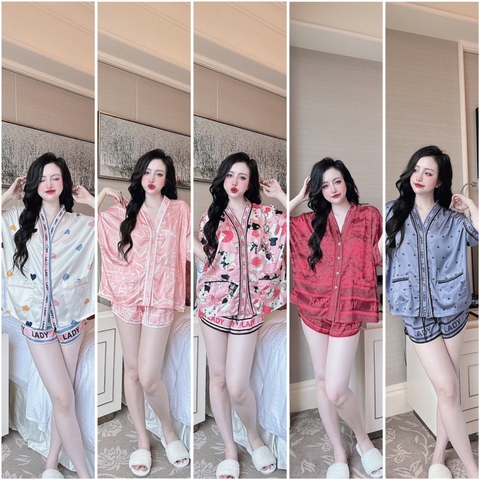 SP_218 Đồ bộ pijama BOLOBALA nữ mặc nhà quần đùi áo tay ngắn cánh dơi chất lụa latin cổ Y hoạ tiết xinh yêu