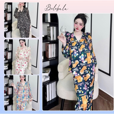 Đồ bộ pijama nữ tiểu thư Bolobala, bộ ngủ lụa mặc nhà SP243 quần dài áo tay dài phối tơ cổ V dễ thương