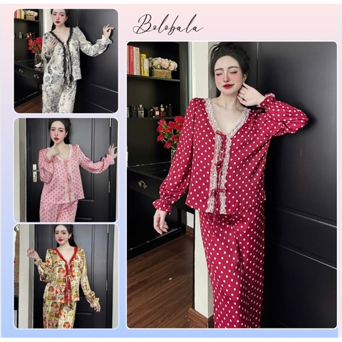 Đồ bộ pijama nữ tiểu thư, bộ ngủ lụa mặc nhà SP244 Lady quần dài áo tay dài phối ren mềm điệu đà
