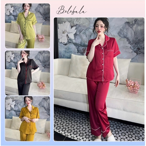 Đồ bộ pijama nữ Bolobala, bộ ngủ lụa mặc nhà SP251 quần dài áo tay ngắn hàng Lady trơn màu, gu tối giản