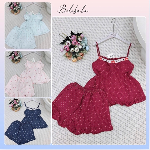 Bộ đồ mặc nhà nữ SP211 chất đũi xốp quần đùi áo 2 dây, hoạ tiết dễ thương