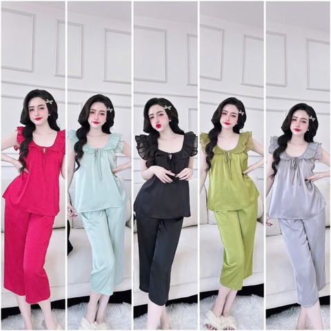 SP_219 Đồ bộ BOLOBALA nữ mặc nhà quần lửng áo tay ngắn cánh tiên trơn tiểu thư chất lụa latin phối voan tơ cao cấp