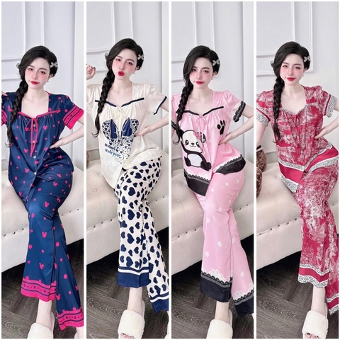SP_220 Đồ bộ pijama BOLOBALA nữ mặc nhà quần dài áo tay ngắn cổ vuông phối nơ tiểu thư chất lụa latin dễ thương