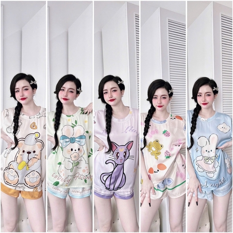 SP_221 Đồ bộ pijama BOLOBALA nữ mặc nhà quần đùi áo tay ngắn cổ tròn chất lụa latin hoạ tiết dễ thương